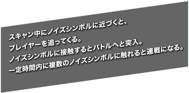 スキャン中にノイズシンボルに近づくと、プレイヤーを追ってくる。ノイズシンボルに接触するとバトルへと突入。一定時間内に複数のノイズシンボルに触れると連戦になる。