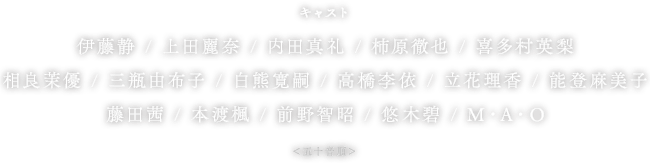 キャスト 伊藤静 / 上田麗奈 / 内田真礼 / 柿原徹也 / 喜多村英梨 / 相良茉優 / 三瓶由布子 / 白熊寛嗣 / 高橋李依 / 立花理香 / 能登麻美子 / 藤田茜 / 本渡楓 / 前野智昭 / 悠木碧 / M・A・O ＜五十音順＞