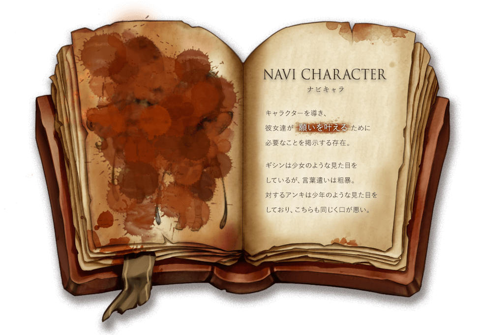 NAVICHARA ナビキャラ キャラクターを導き、彼女達が願いを叶えるために必要なことを掲示する存在。ギシンは少女のような見た目をしているが、言葉遣いは粗暴。対するアンキは少年のような見た目をしており、こちらも同じく口が悪い。
