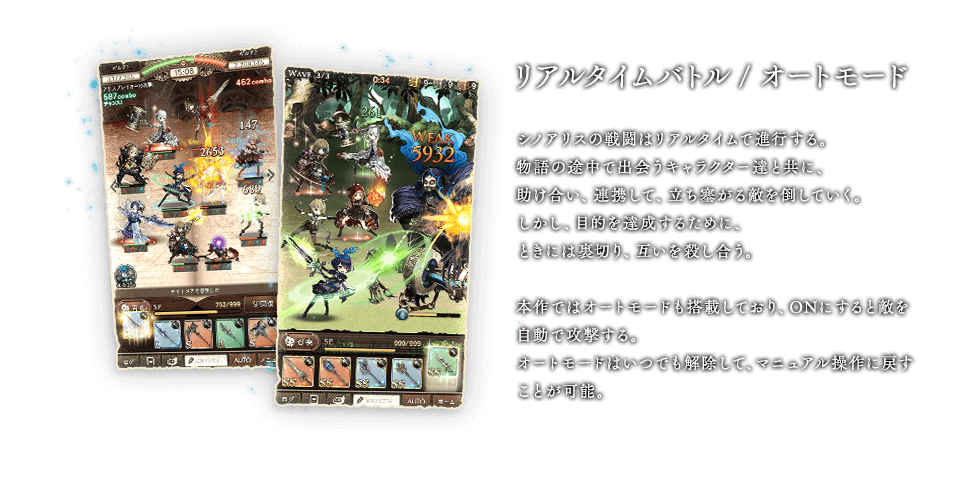 リアルタイムバトル / オートモード シノアリスの戦闘はリアルタイムで進行する。物語の途中で出会うキャラクター達と共に、助け合い、連携して、立ち塞がる敵を倒していく。しかし、目的を達成するために、ときには裏切り、互いを殺し合う。本作ではオートモードも搭載しており、ONにすると敵を自動で攻撃する。オートモードはいつでも解除して、マニュアル操作に戻すことが可能。