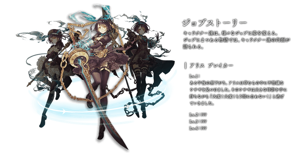 ジョブストーリー キャラクター達は、様々なジョブに姿を変える。ジョブにまつわる物語では、キャラクター達の内面が語られる。 アリス ブレイカー Lv.1：ある午後の昼下がり。アリスは草むらの中に不思議なウサギを見つけました。そのウサギは大きな時計を手に持ちながら「大変！大変！もう間に合わない！」と逃げていきました。 Lv.2：??? Lv.3：??? Lv.4：???