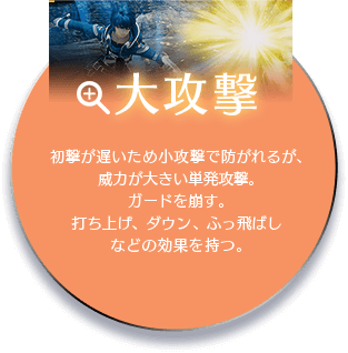 大攻撃 初撃が遅いため小攻撃で防がれるが、威力が大きい単発攻撃。ガードを崩す。打ち上げ、ダウン、ふっ飛ばしなどの効果を持つ。