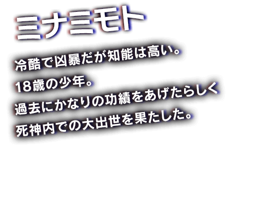 ミナミモト　冷酷で凶暴だが知能は高い。18歳の少年。過去にかなりの功績をあげたらしく死神内での大出世を果たした。