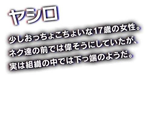 ヤシロ　少しおっちょこちょいな17歳の女性。ネク達の前では偉そうにしていたが、実は組織の中では下っ端のようだ。