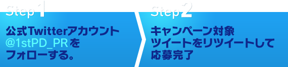 Step1 公式Twitterアカウント@1stPD_PRをフォローする。　Step2 キャンペーン対象ツイートをリツイートして応募完了