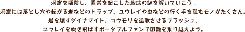 洞窟を探険し、異常を起こした地球の謎を解いていこう！洞窟には落とし穴や転がる岩などのトラップ、ユウレイや虫などの行く手を阻むモノがたくさん。岩を壊すダイナマイト、コウモリを退散させるフラッシュ、ユウレイを吹き飛ばすポータブルファンで困難を乗り越えよう。