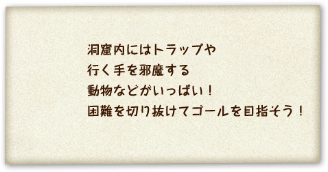 洞窟内にはトラップや行く手を邪魔する動物などがいっぱい！困難を切り抜けてゴールを目指そう！