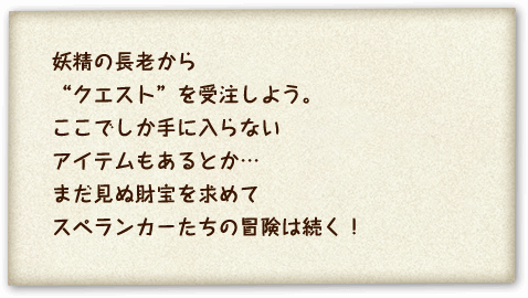 妖精の長老から”クエスト”を受注しよう。ここでしか手に入らないアイテムもあるとか・・・まだ見ぬ財宝を求めてスぺランカーたちの冒険は続く！