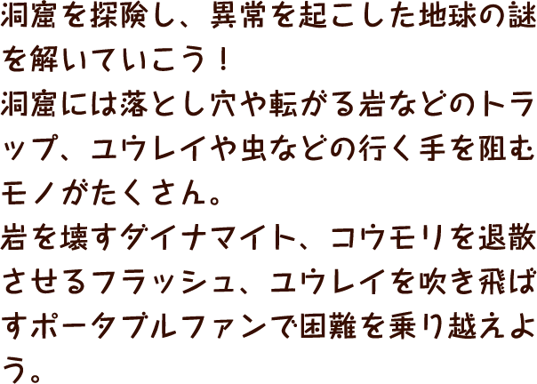 洞窟を探険し、異常を起こした地球の謎を解いていこう！洞窟には落とし穴や転がる岩などのトラップ、ユウレイや虫などの行く手を阻むモノがたくさん。岩を壊すダイナマイト、コウモリを退散させるフラッシュ、ユウレイを吹き飛ばすポータブルファンで困難を乗り越えよう。