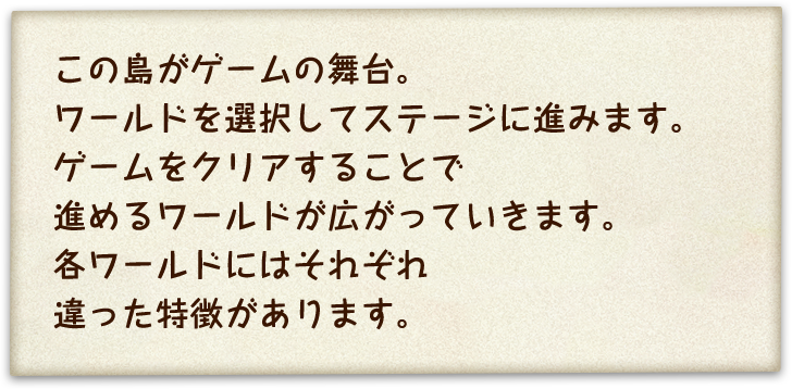 この島がゲームの舞台。ワールドを選択してステージに進みます。ゲームをクリアすることで進めるワールドが広がっていきます。各ワールドにはそれぞれ違った特徴があります。
