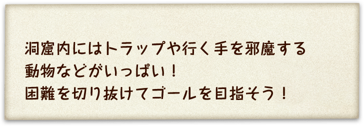 洞窟内にはトラップや行く手を邪魔する動物などがいっぱい！困難を切り抜けてゴールを目指そう！